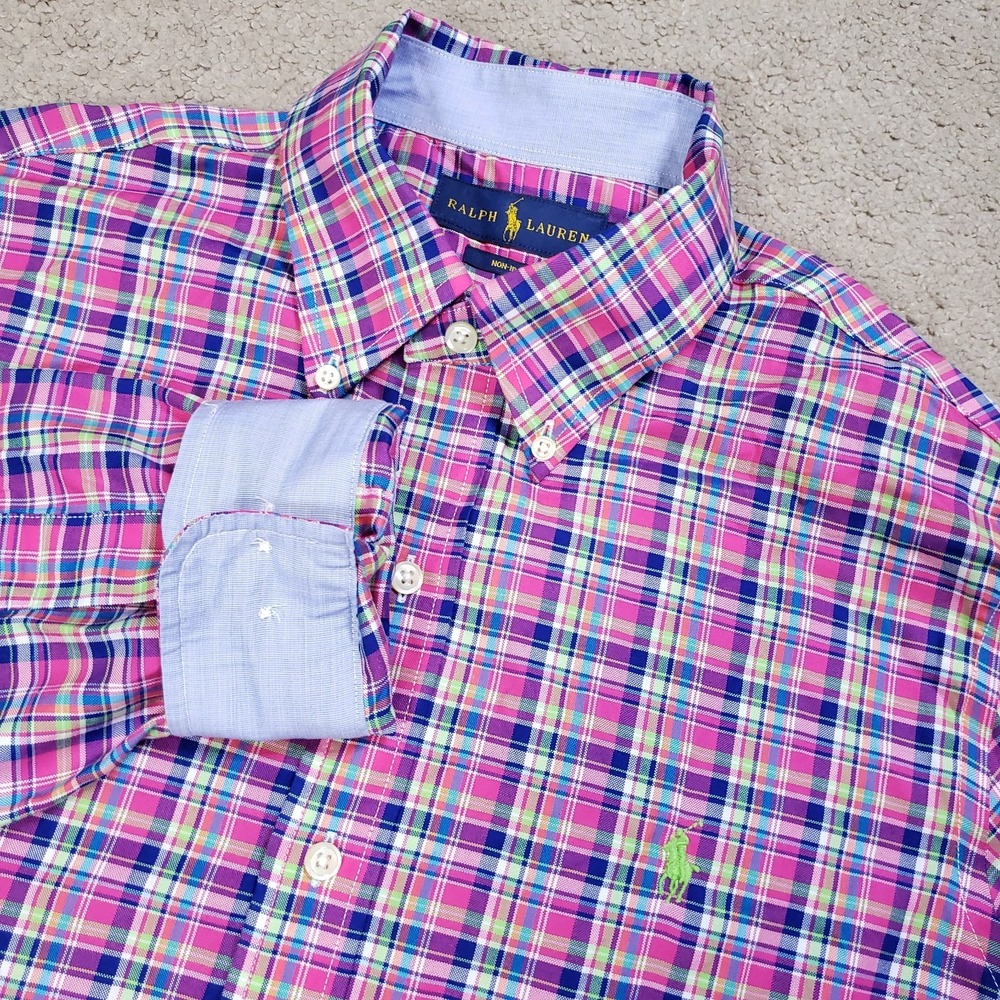 Ralph Lauren Shirt Mens Medium Pink Blue Plaid Contrast Trim Non-Iron Button Up